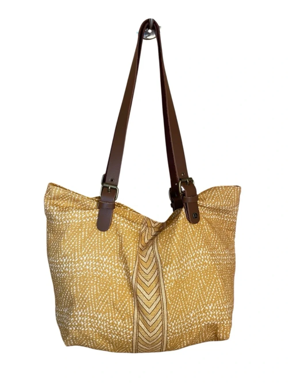 Prana Mustard Yellow Patterned Tote with Brown Straps